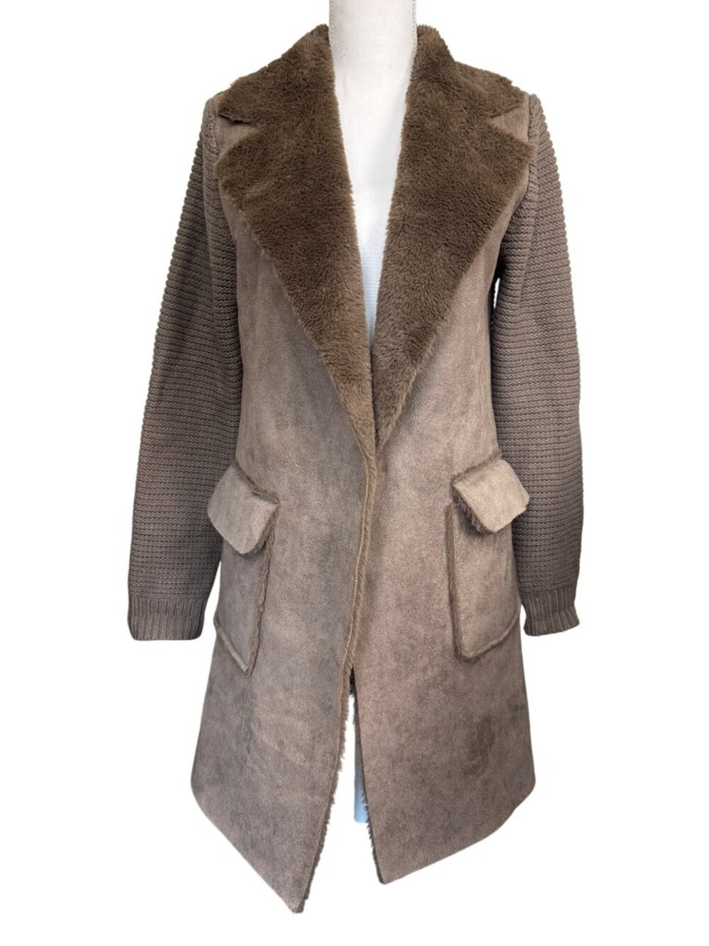 Anthropologie Sweater M Taupe Faux Suede Knit Long Coat W/Faux Shearling Collar - Picture 6 of 12